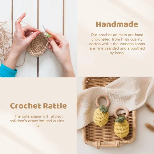 Miniatura 4 de WOODEN TEETHER Sonajero de bebé de ganchillo, juguetes de bebé de ganchillo, juguetes de madera orgánica para recién nacidos, juguetes de sonajero
