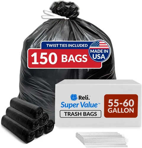 Reli. Bolsas de basura de 55 a 60 galones resistentes | 150 unidades | 50-60 galones | Bolsas de basura negras grandes | Fabricadas en Estados Unidos