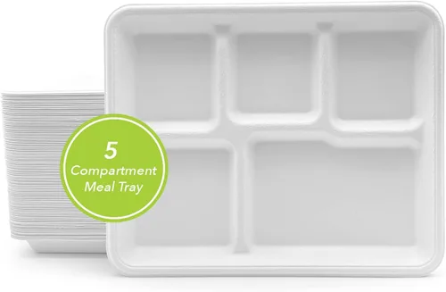 Miniatura 17 de three leaf Bandeja de comida con tapa de 5 compartimentos, 200 juegos. Bandeja de bagazo desechable resistente y ecológica con tapa, platos 100% 5