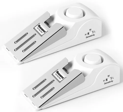 Miniatura 9 de Paquete de 2 alarmas de tope de puerta, tope de puerta con alarma de seguridad de 120 DB, sirena de tope de puerta de cuña de piso, dispositivos