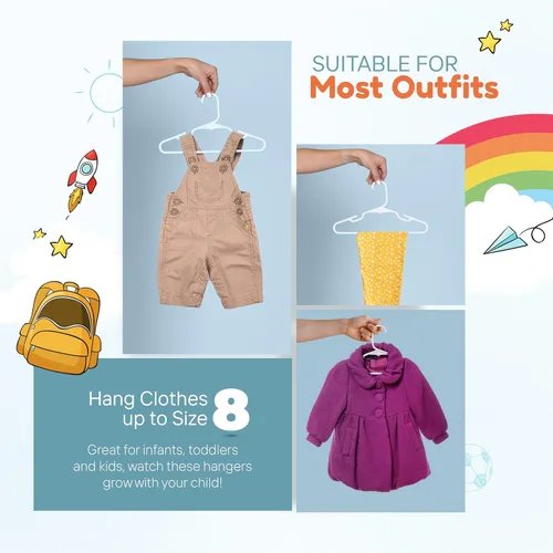 Miniatura 3 de Perchas de plástico para niños de 12 pulgadas, paquete de 10 unidades, fabricadas en los Estados Unidos, capacidad de 5 libras, perchas para ropa