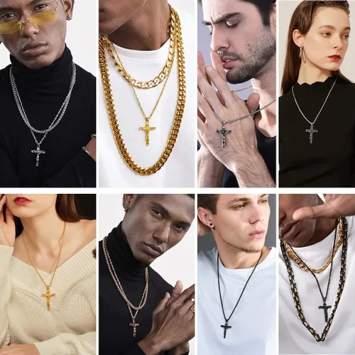 Miniatura 3 de PROSTEEL Collar de cruz de Jesús para hombres y mujeres, acero inoxidable, negroazuloro rosachapado en oro de 18 quilates, ajustable de 22 a 24