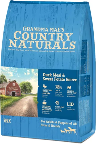 Grandma Mae's Country Naturals Alimento seco para perros, pato, batata y arroz integral, cocción lenta y rica en nutrientes, fabricada en Estados
