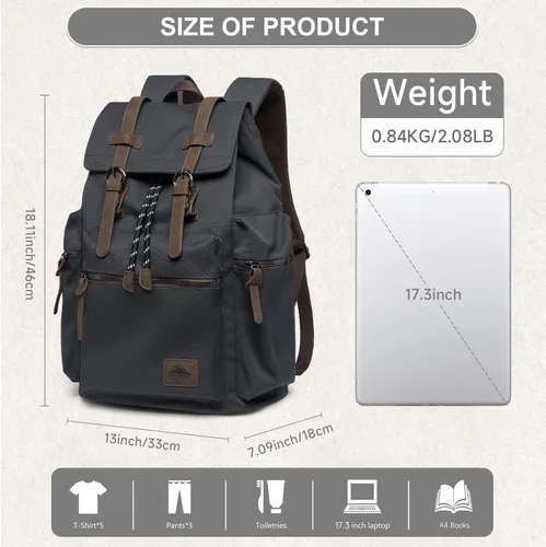Miniatura 3 de MOYYI Mochila de lona para hombre para laptop de 13 a 17.3 pulgadas, mochila vintage duradera con ribete de cuero para uso diario, universidad