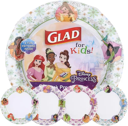 Glad Platos de Papel Desechables de Princesas Disney para Niños, Marcos Florales - Resistentes, A Prueba de Absorción, Aptos para Microondas, Platos