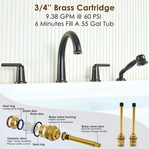 Miniatura 3 de Bathtub Faucet with Sprayer Bathroom Brass Roman Tub Faucet with Rough-in Valve Widespread Deck Mount Tub Filler Bronze WT-9808ORB02