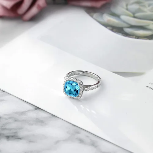 Miniatura 6 de Gem Stone King Anillo de compromiso de plata de ley 925 con topacio azul suizo y zafiro blanco creado para mujer