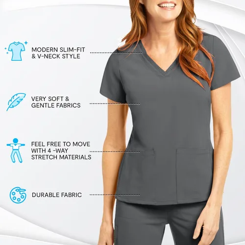 Miniatura 4 de Olive & Co. Camisas médicas para mujer, color gris peltre, moderno, ajustado, con cuello en V