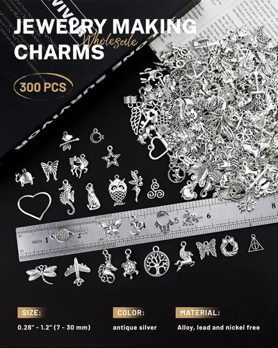 Miniatura 2 de JIALEEY 300 piezas al por mayor de lotes a granel para hacer joyas, dijes mezclados suaves de aleación de plata tibetana, dijes para bricolaje