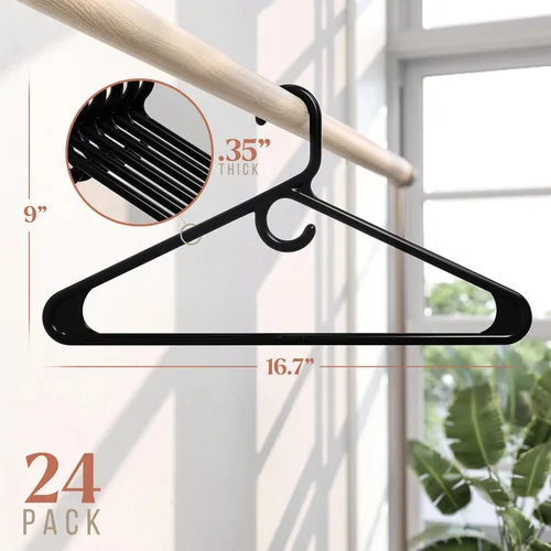 Miniatura 2 de NEATERIZE Perchas gruesas y resistentes, paquete de 24 perchas de plástico color negro, ideales para colgar abrigos, chaquetas, jeans y colgadores