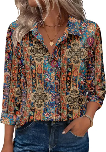 Miniatura 24 de Zeagoo Camisas con botones para mujer, manga 3/4, cuello en V, blusas con cuello en V, trajes casuales de negocios