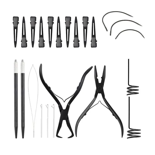 Miniatura 11 de Kit de herramientas de extensión de cabello, alicates de acero inoxidable de color tostado, micro cuentas, gancho removedor de bucle, clips