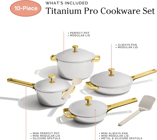 Miniatura 7 de Our Place Titanium Pro Juego de utensilios de cocina Juego de ollas y sartenes de 10 piezas con Always Pan Pro, Perfect Pot Pro y Minis Dorado