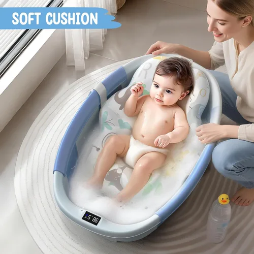Miniatura 5 de TOSGN Bañera plegable para bebé, 3 segundos para instalar, bañera para bebé con cojín suave y termómetro, bañera para recién nacidos de 0 a 36 Azul