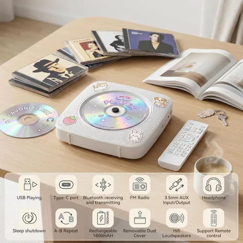Miniatura 9 de Reproductor de CD portátil Bluetooth recargable: Reproductores de CD para el hogar con 1800mAh Kegaudio Reproductor de CD de escritorio de pared
