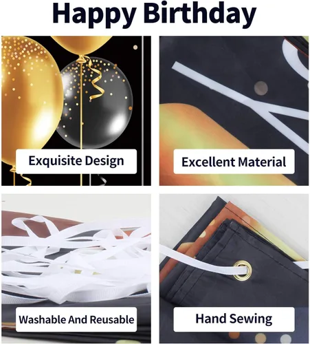 Miniatura 3 de Cartel de fondo de feliz cumpleaños 15 – Suministros de decoración de fiesta de cumpleaños 15 para niños – Oro negro 3.9 x 5.9 pies