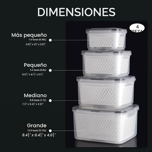 Miniatura 2 de HOTEC Paquete de 4 recipientes grandes de almacenamiento de frutas para refrigerador a prueba de fugas con colador extraíble, sin BPA, apto