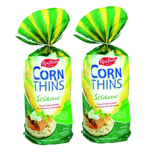 Real Foods Paquete de 2 pasteles de maíz orgánico de sésamo fino de 5.3 onzas, pasteles de maíz orgánico dorado madurado por el sol con sésamo
