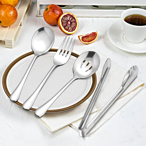 Miniatura 5 de Herogo Juego de 12 utensilios de acero inoxidable para servir, cucharas de 8.7 pulgadas, cucharas ranuradas, tenedores, pinzas de servir de 9.4