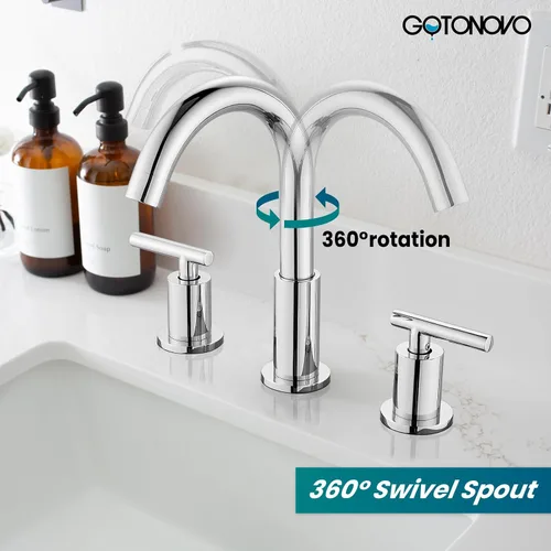 Miniatura 4 de gotonovo llave de lavabo de 3 agujeros y 2 asas para lavabo de baño con llave de drenaje emergente con válvulas mezcladoras de agua caliente y fría