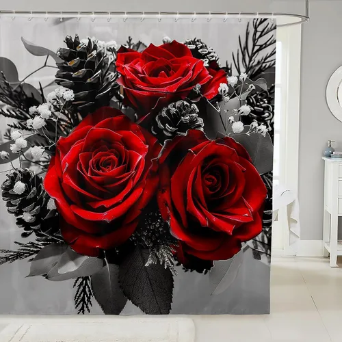 Miniatura 17 de Cortina de ducha con rosas rojas, juego de cortinas de ducha para niñas, mujeres y niños, cortina de ducha de tela impermeable con flores botánicas