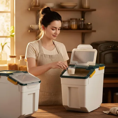 Miniatura 2 de Recipiente de almacenamiento de arroz de 25 libras, contenedor grande de harina para el hogar, dispensador hermético de cereales de grano