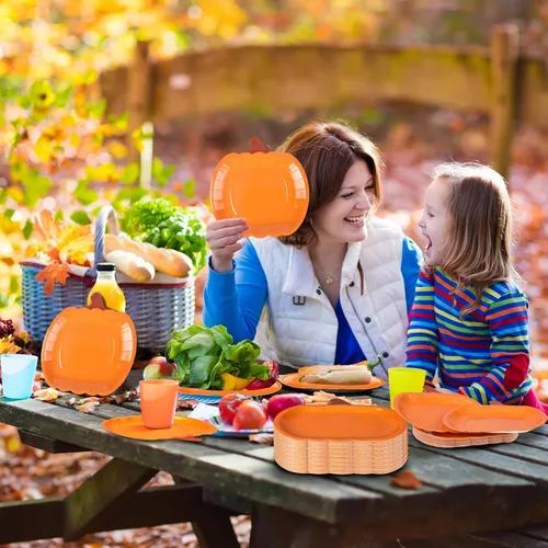 Miniatura 5 de Dandat 50 platos de papel desechables de calabaza de otoño de 9 pulgadas, platos de fiesta de cosecha de Acción de Gracias, naranja redondo