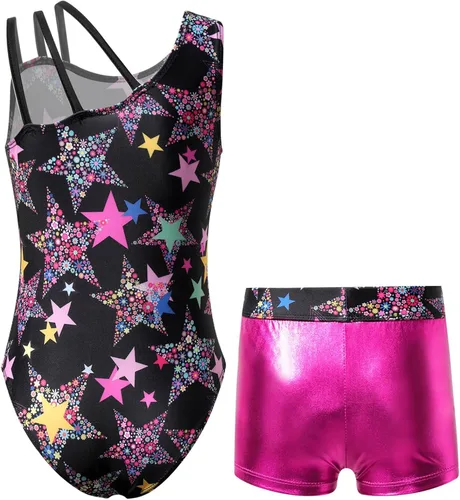 Miniatura 2 de Gymnastics Leotards for Girls Shiny Dancewear with Matching Shorts Two-Piece Set Activewear