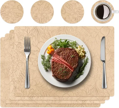 Juego de 4 manteles individuales con 4 posavasos, diseño floral tallado, antideslizantes, resistentes al calor, lavables para cocina y mesa de Beige