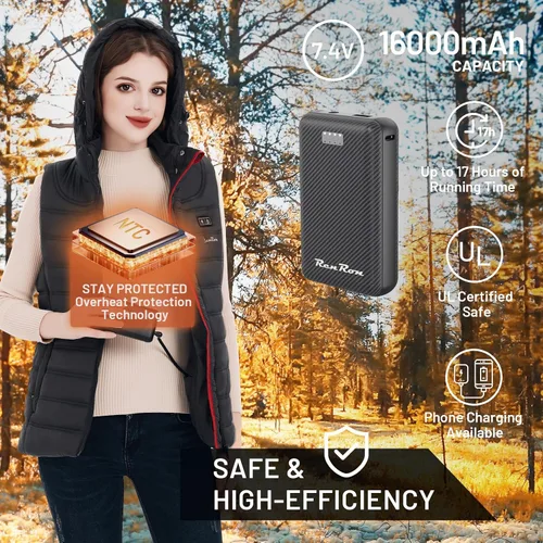 Miniatura 2 de RenRon Chaleco térmico para mujer con capucha, batería de 7.4 V 16000 mAh, capucha térmica desmontable, chaleco térmico para mujer