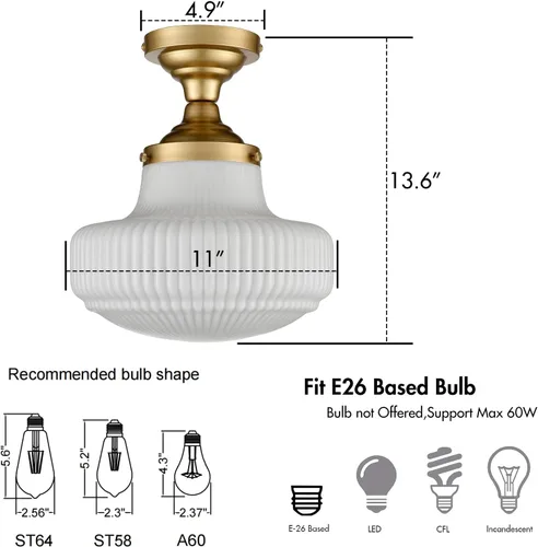 Miniatura 3 de CLAXY - Lámpara de techo moderna dorada con pantalla acanalada semiempotrada Dimmable E26 Based, Indoor Light, Ribbed Milk Glass Lampshade Light