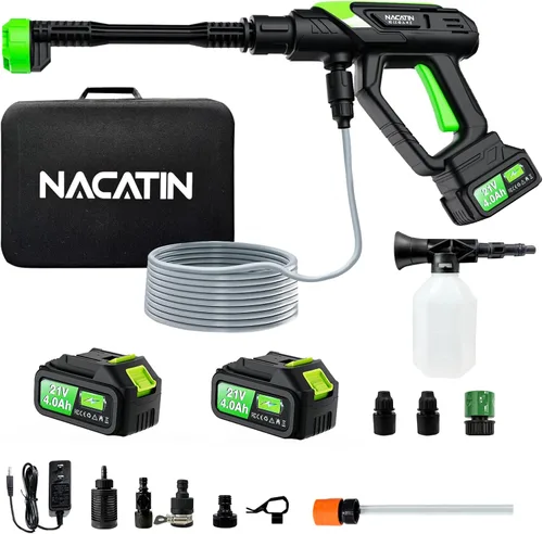 Lavadora a presión inalámbrica de 1000 PSI, lavadora de energía con motor sin escobillas de 21 V y 4.0 Ah, con boquilla 6 en 1, presión de 5 Verde y