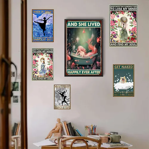 Miniatura 4 de LIUAXICIA Letrero de lata retro con diseño de sirena y ella vivió feliz para siempre, para decoración del hogar, 8 x 12 pulgadas, pintura de lata