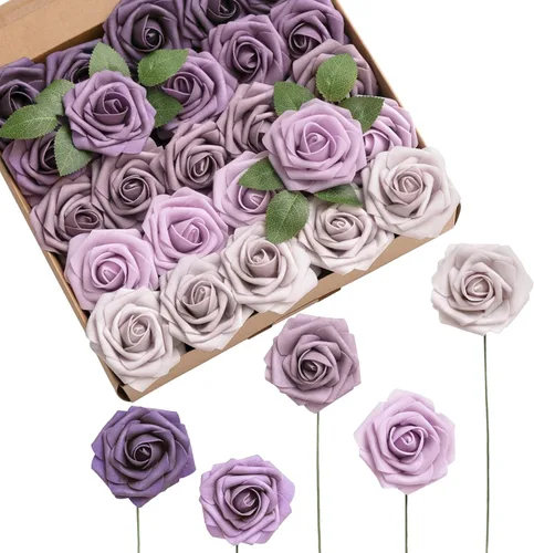 Miniatura 17 de Ling's moment Flores artificiales, 25 piezas de rosas de 3 pulgadas en tonos verde esmeralda, relleno floral de espuma realista para bricolaje