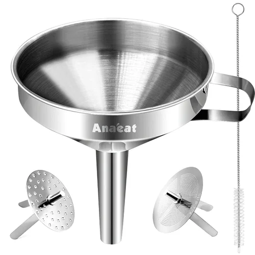 Anaeat Embudo de cocina de acero inoxidable, embudos de cocina multiusos de metal de grado alimenticio con 2 filtros de filtro extraíbles para