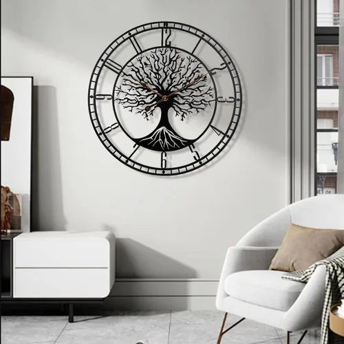 Miniatura 8 de Dankeit Reloj de pared con diseño de árbol de la vida, de metal negro de 24 pulgadas, reloj de pared de gran tamaño para sala de estar, dormitorio