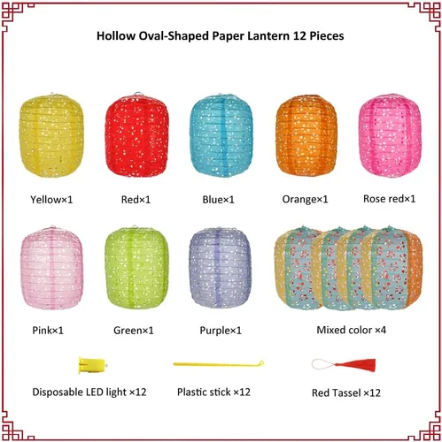Miniatura 2 de Paquete de 12 linternas de papel chinas, japonesas, colgantes de papel con luces LED, borlas de 6.3 pulgadas, ovaladas para decoraciones de Año
