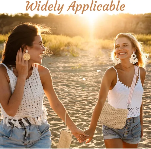 Miniatura 4 de Sweetude Bolso de mano de paja para mujer, juego de aretes de ratán, bolsa de paja de verano, playa, bolso bohemio, cartera tejida para vacaciones