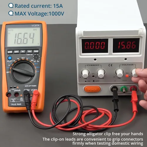 Miniatura 6 de 1 par de cable de prueba conector banana a pinzas cocodrilo, 100cm/3.28ft, corriente nominal de 15A, voltaje máximo de 1000V, cable de prueba