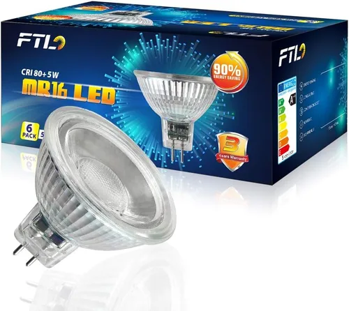 Miniatura 7 de FTL Bombilla LED MR16, no regulable, 5000 K, luz diurna, vidrio blanco, 5 W, CA/CC, 12 V, 50 W, equivalente a halógeno, 500 lm, GU5.3, base bipin