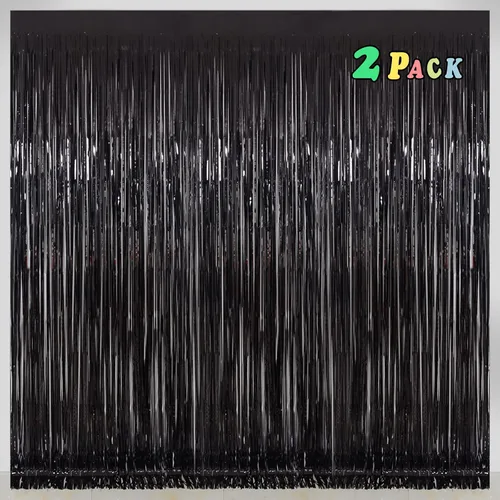Melsan - Cortinas de fondo con flecos de oropel negro para fiestas, Melsan de 3.2 x 8 pies, telón de fondo de fotos negro para cumpleaños,
