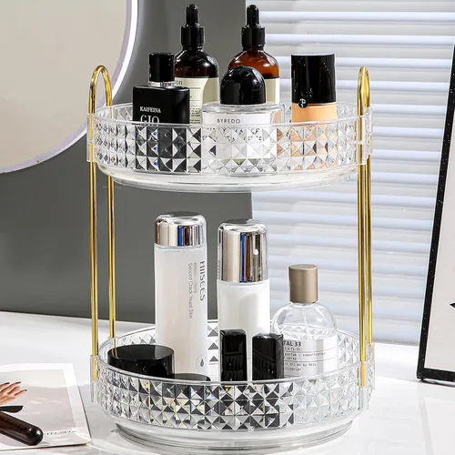 Miniatura 10 de Fangoo Organizador de maquillaje giratorio transparente de 2 niveles para tocador, organizador de cuidado de la piel giratorio de 360 grados