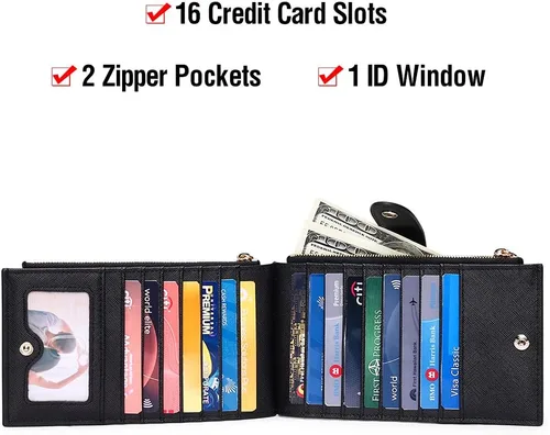 Miniatura 2 de GOIACII - Carteras para mujer de dos pliegues con bloqueo RFID y 2 bolsillos con cremallera, Negro, M