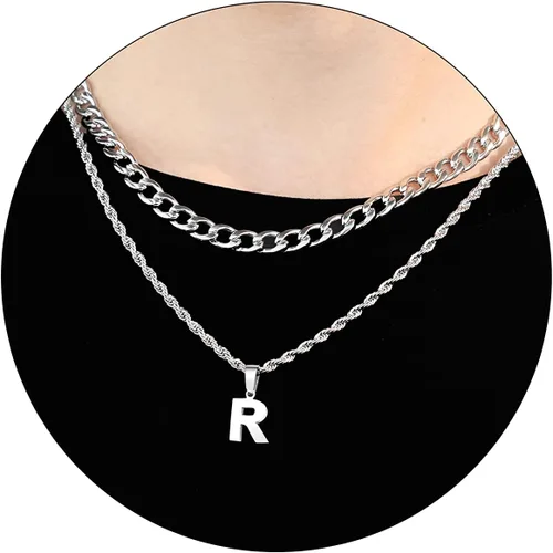 Miniatura 29 de SENRAN Collar con inicial en capas de la A a la Z para hombre, cadena de cuerda torcida de acero inoxidable de 18 a 20 pulgadas, dije de letra