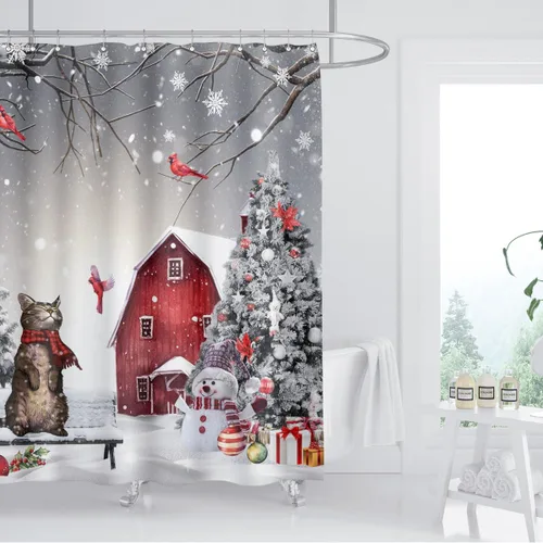 Miniatura 2 de Cortina de ducha con diseño de gato de Navidad, árbol de pino, cardenal, pájaro, muñeco de nieve, cabaña, copo de nieve, escena de vacaciones