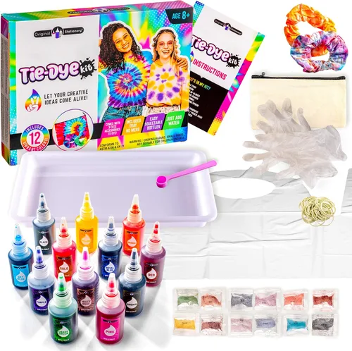 Original Stationery Kit de teñido anudado – Polvo de 12 colores, bandeja y guantes para niños de 8 a 12 años – Juego de manualidades y arte con