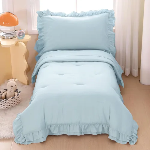 Miniatura 8 de Juego de ropa de cama para niñas pequeñas, 4 piezas con volantes dobles, suave y transpirable, juego de ropa de cama para cuna, incluye edredón Rosa