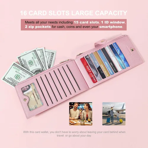 Miniatura 5 de Travelambo Billetera para mujer con bloqueo RFID plegable para múltiples tarjetas con bolsillo con cremallera, rosado (Pink Sakura), Minimalista