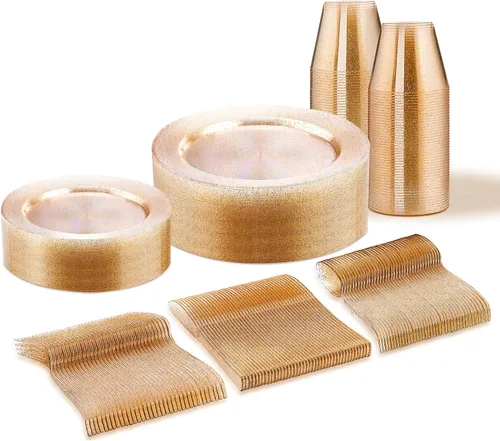 Miniatura 13 de WELLIFE Juego de vajilla desechable de 600 piezas color dorado y blanco para 100 invitados, platos de plástico blanco con borde dorado, platos