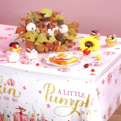 Miniatura 5 de WovWeave 3 manteles de plástico con diseño de calabaza rosa con texto en inglés "A Little Pumpkin is On the Way